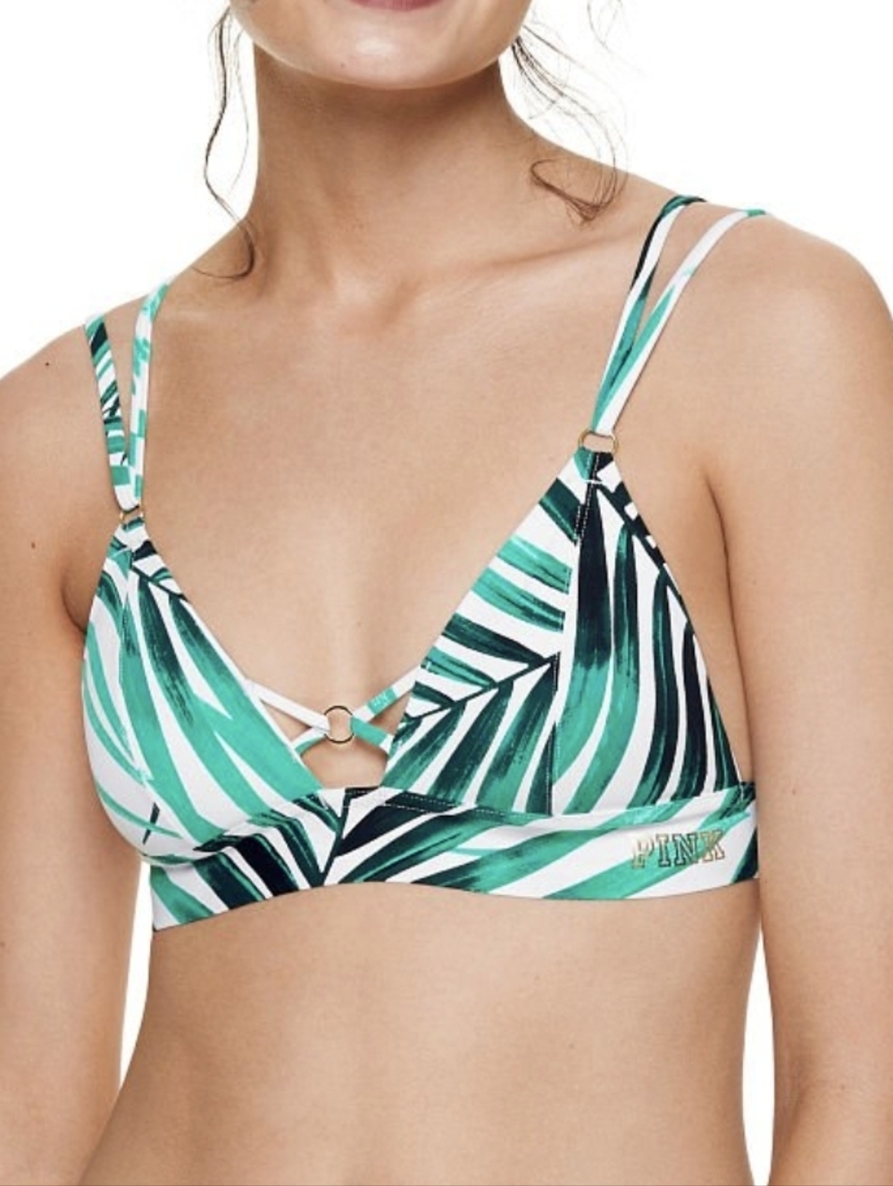 PINK Victoria's Secret Women's Green Leaf Print Triangle Swim Top Sz M